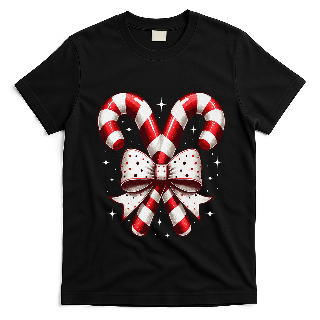 Christmas Holiday Candy Cane Retro Coquette Bow Women Girl T-Shirt - Black