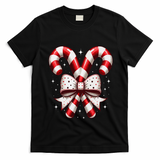 Christmas Holiday Candy Cane Retro Coquette Bow Women Girl T-Shirt - Black