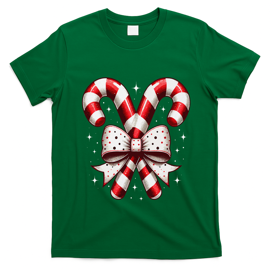 Christmas Holiday Candy Cane Retro Coquette Bow Women Girl T-Shirt - Irish Green
