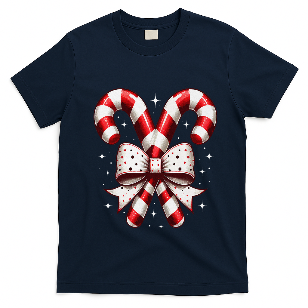 Christmas Holiday Candy Cane Retro Coquette Bow Women Girl T-Shirt - Navy Blue