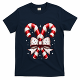 Christmas Holiday Candy Cane Retro Coquette Bow Women Girl T-Shirt - Navy Blue