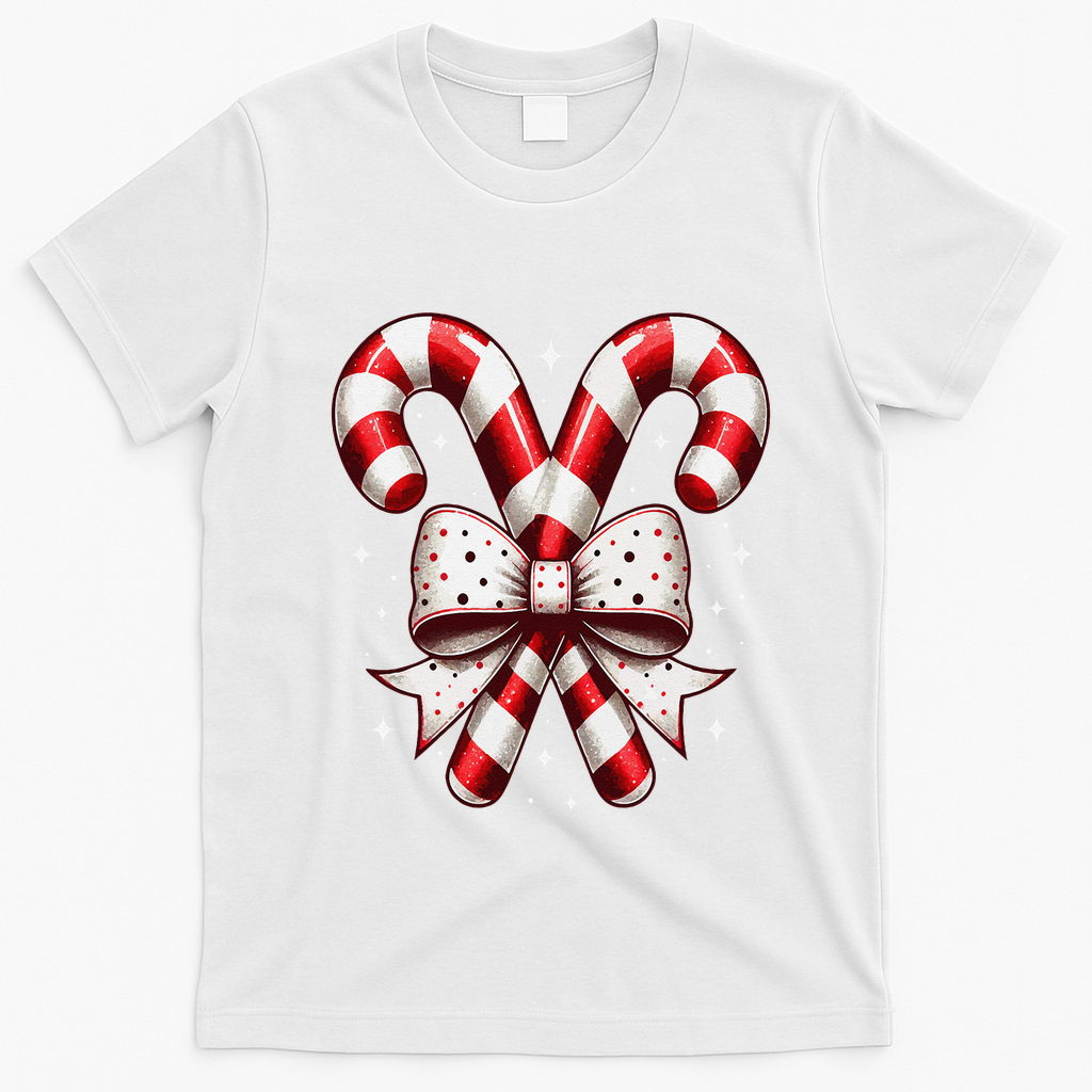 Christmas Holiday Candy Cane Retro Coquette Bow Women Girl T-Shirt - White