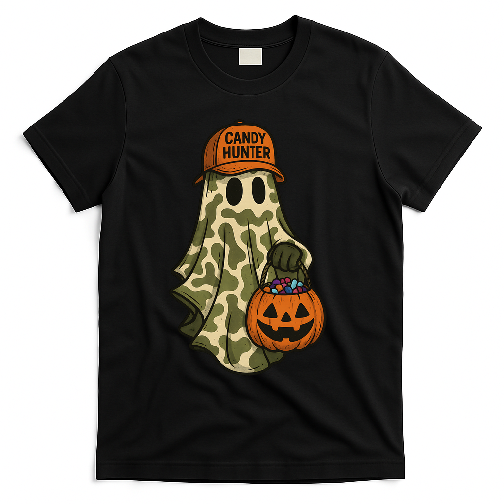 Camo Halloween Ghost Candy Hunter T-Shirt - Black