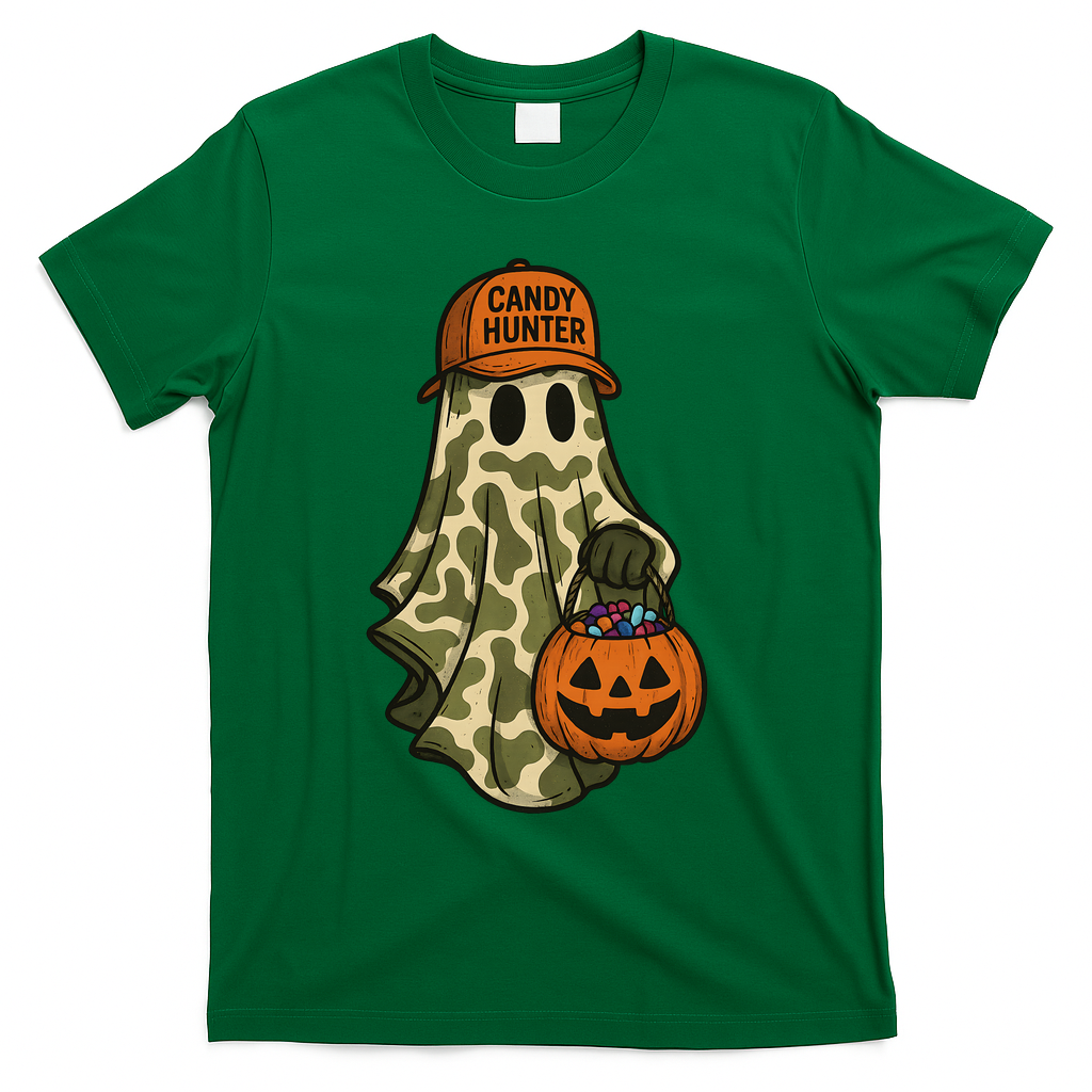 Camo Halloween Ghost Candy Hunter T-Shirt - Irish Green