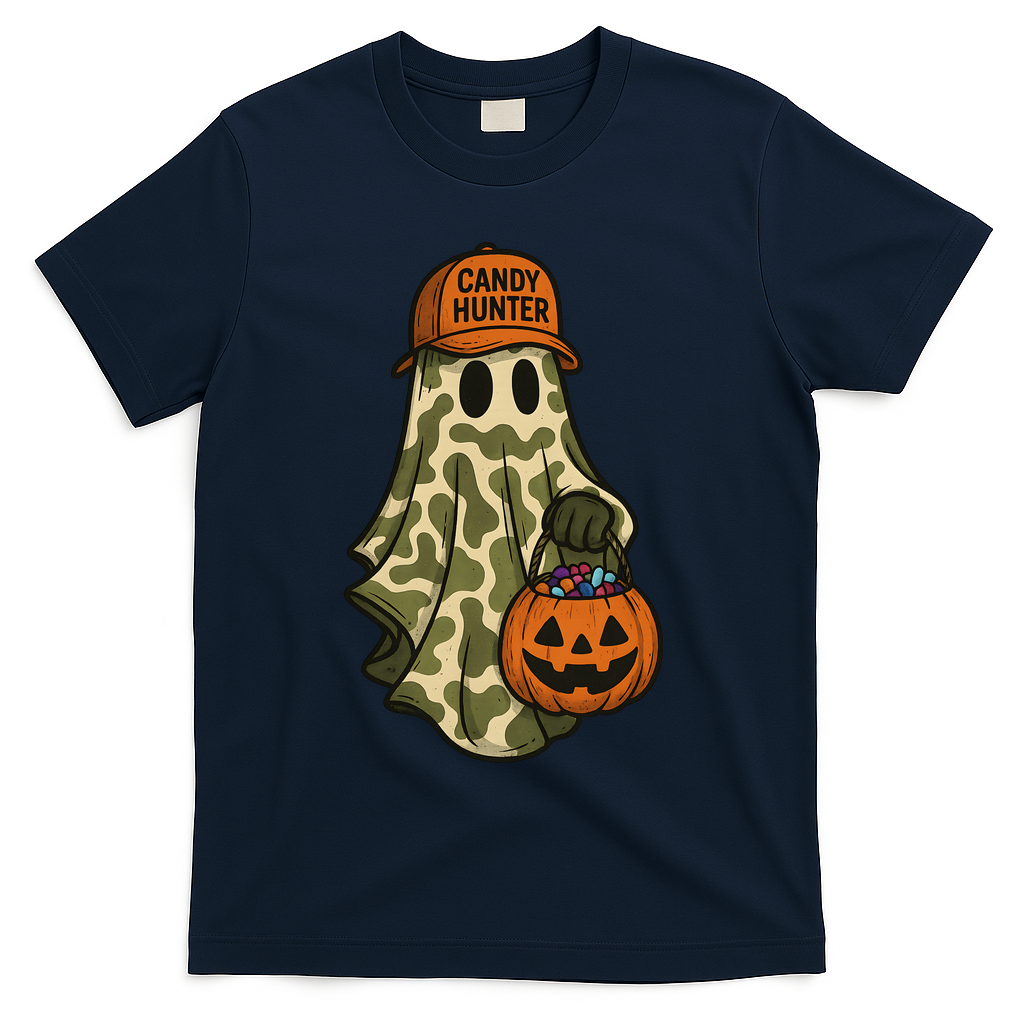 Camo Halloween Ghost Candy Hunter T-Shirt - Navy Blue