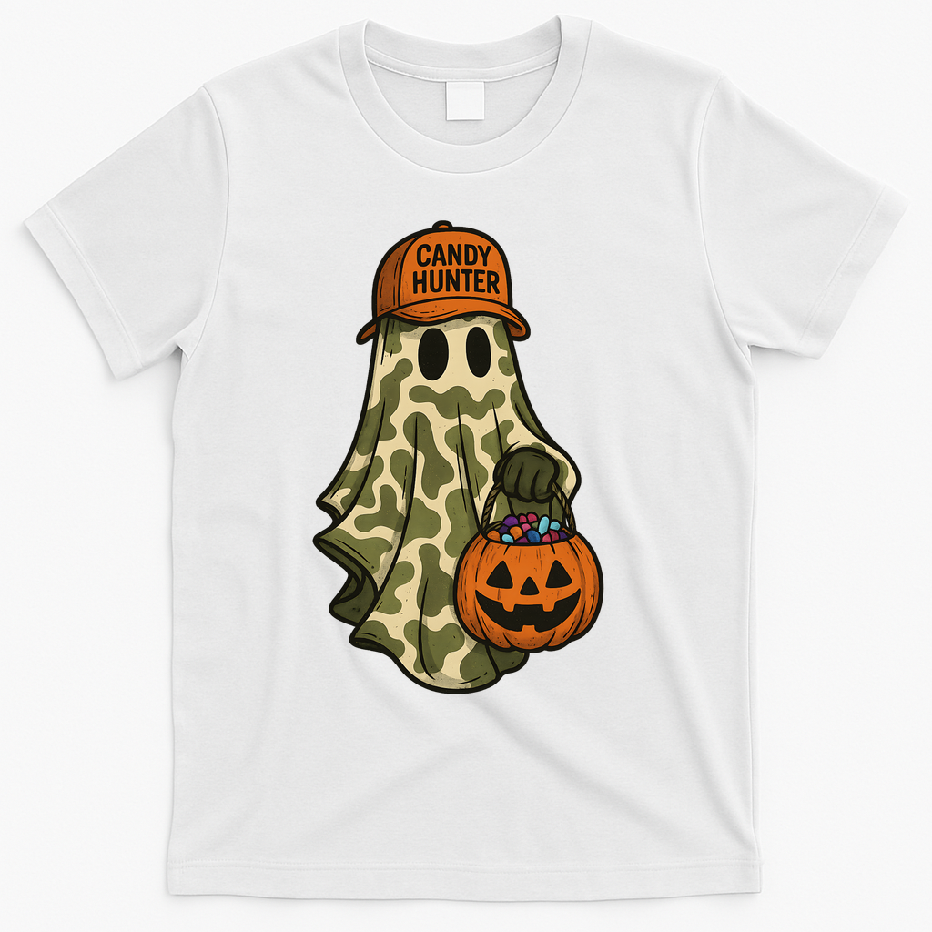 Camo Halloween Ghost Candy Hunter T-Shirt - White