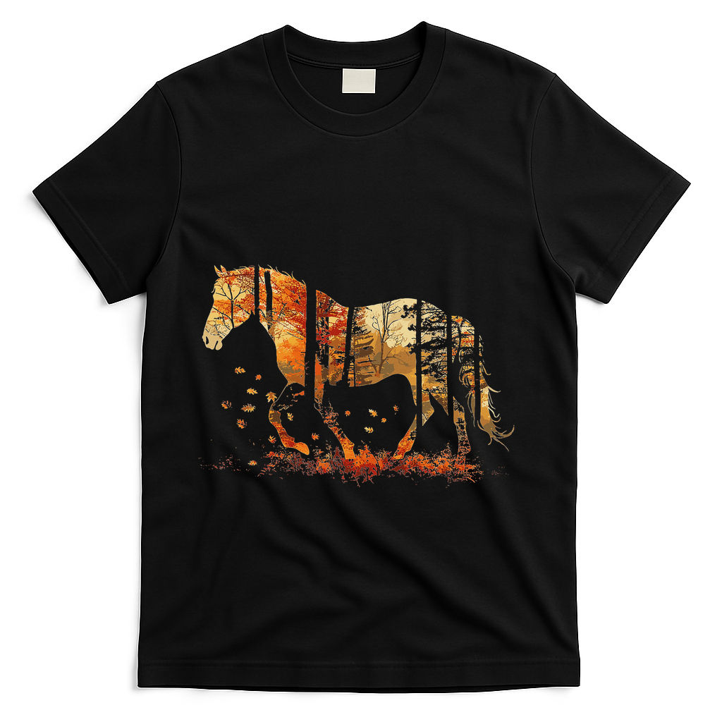 Cute Horse Lover Autumn Leaves Pony Animal Wildlife T-Shirt - Black