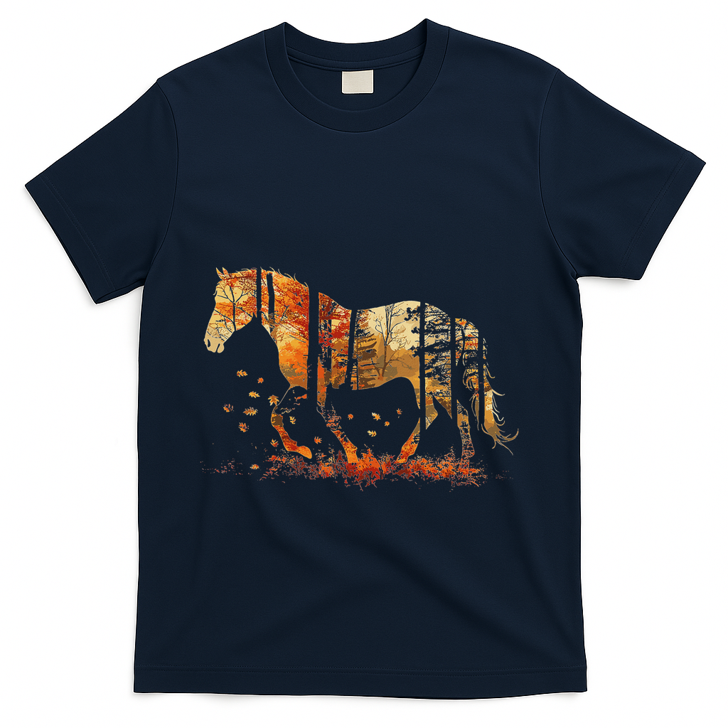 Cute Horse Lover Autumn Leaves Pony Animal Wildlife T-Shirt - Navy