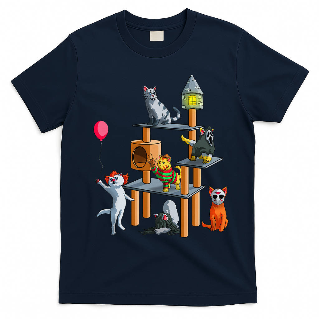 Cat Horror Movies Cute Halloween For Cat Kitty Lovers T-Shirt - Navy Blue