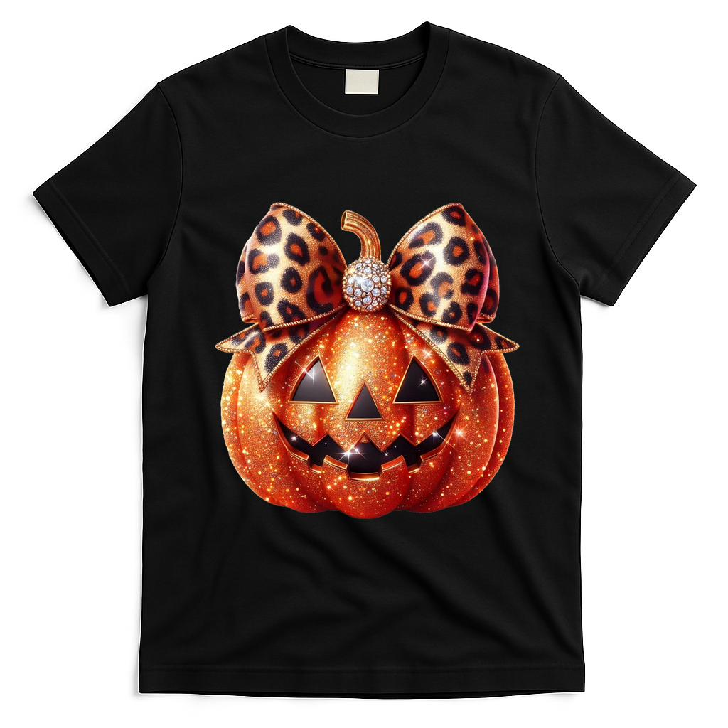 Cute Halloween Pumpkin Leopard Bow T-Shirt - Black