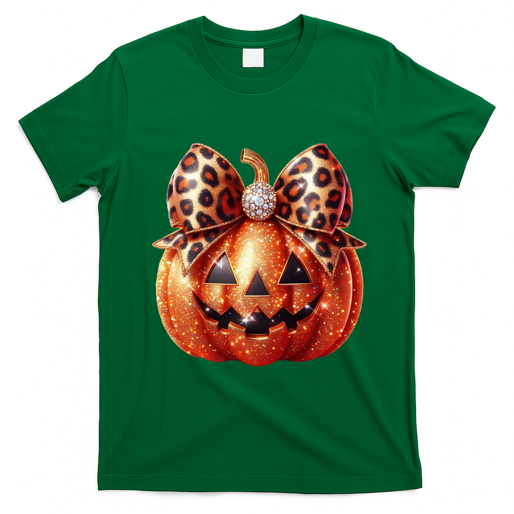 Cute Halloween Pumpkin Leopard Bow T-Shirt - Irish Green