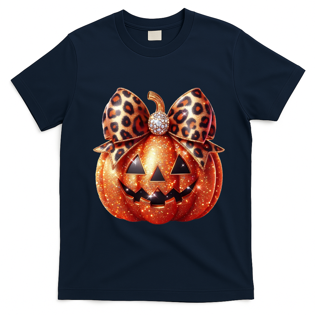 Cute Halloween Pumpkin Leopard Bow T-Shirt - Navy Blue