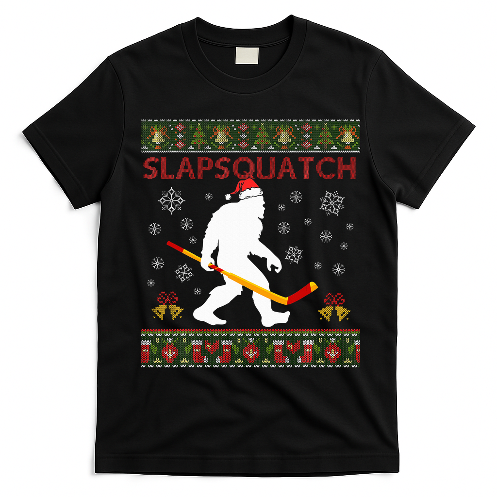 Christmas Hockey Sasquatch Slapsquatch Bigfoot T-Shirt - Black