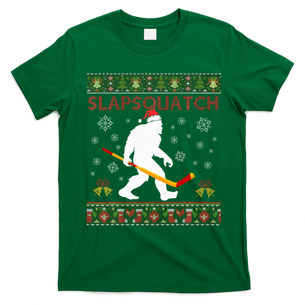 Christmas Hockey Sasquatch Slapsquatch Bigfoot T-Shirt - Irish Green