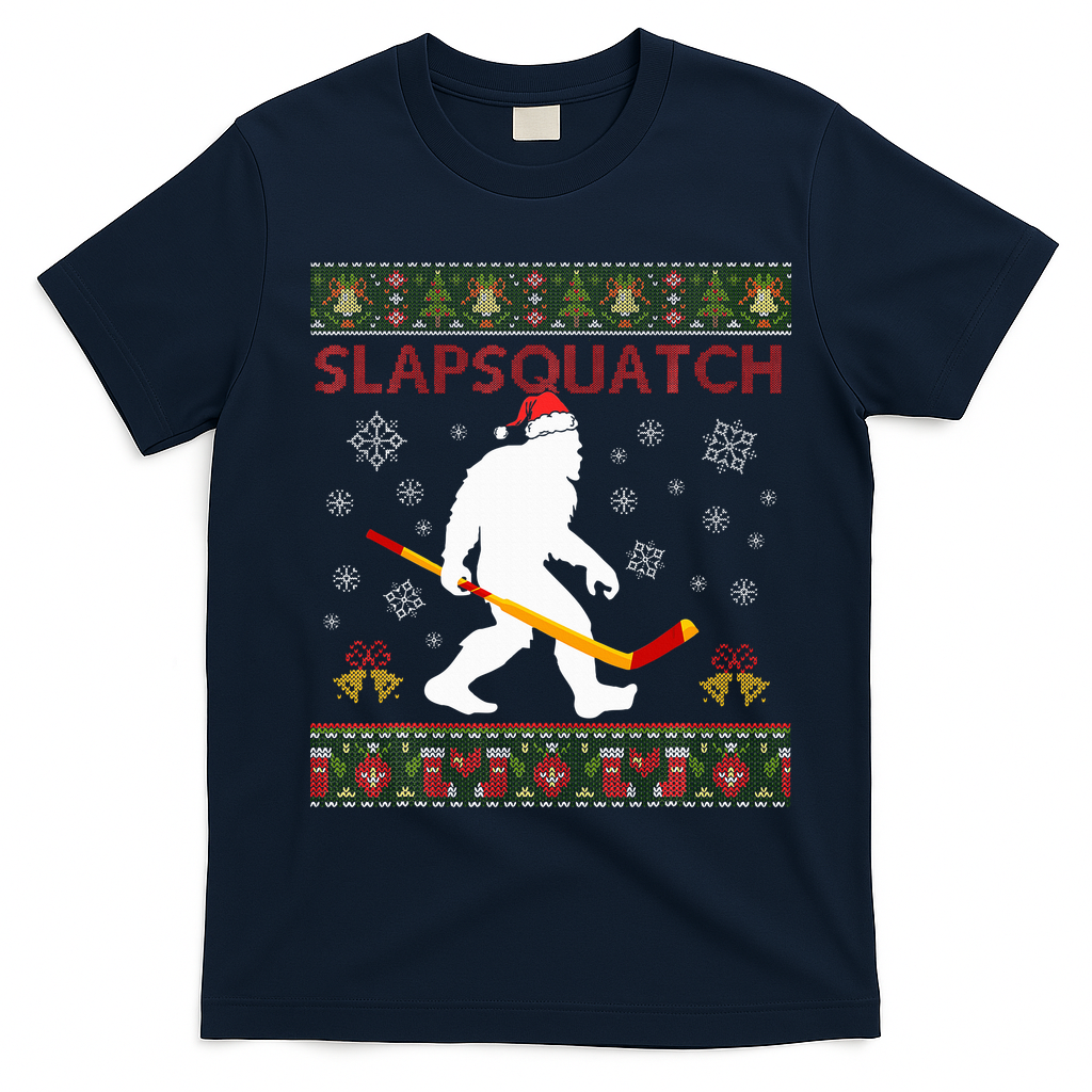 Christmas Hockey Sasquatch Slapsquatch Bigfoot T-Shirt - Navy Blue