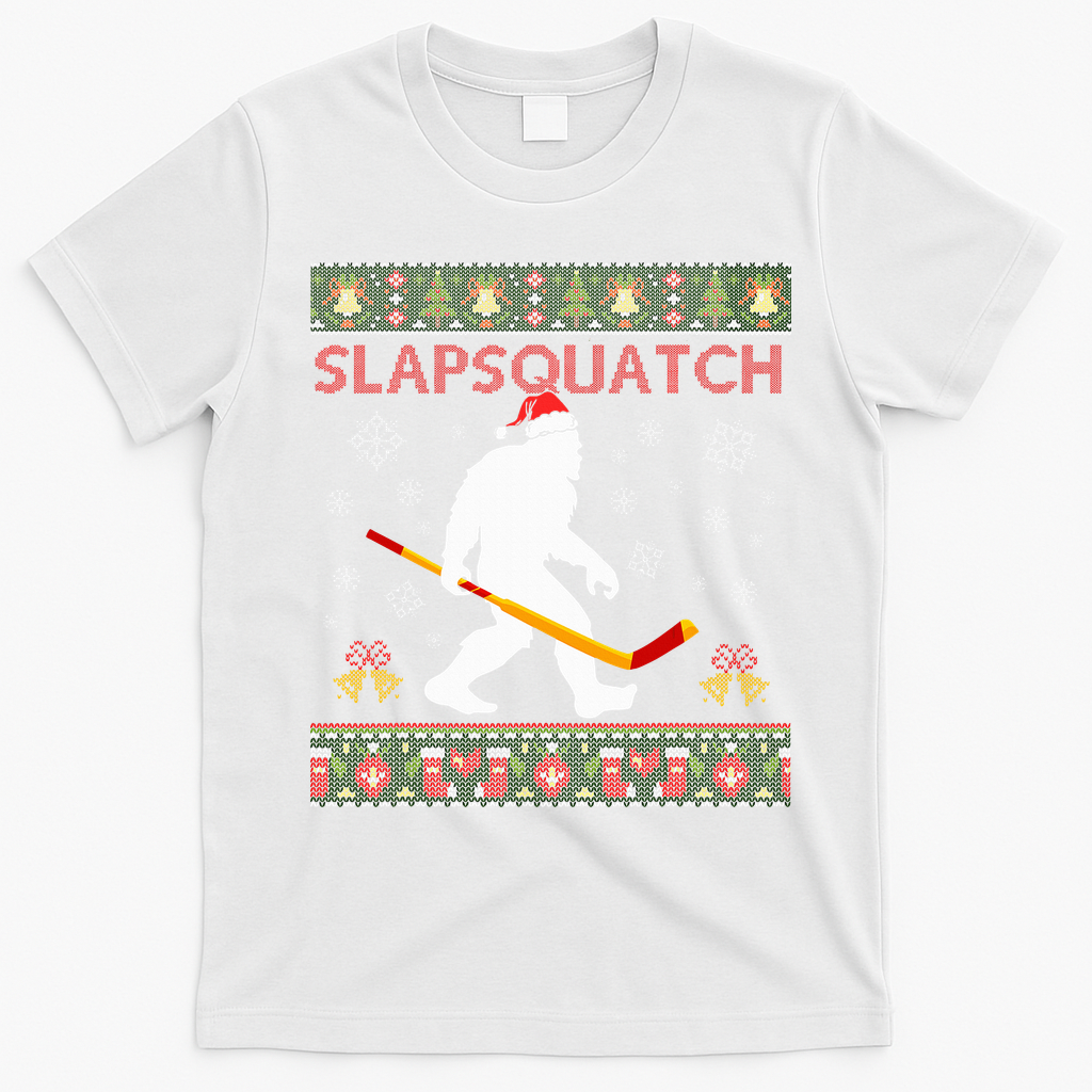 Christmas Hockey Sasquatch Slapsquatch Bigfoot T-Shirt - White