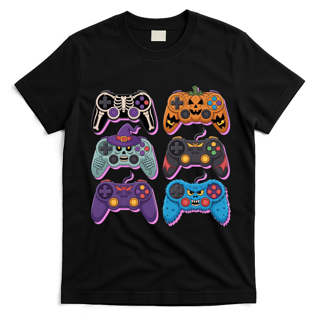 Cute Halloween Skeleton Zombie Gaming Control Gamer T-Shirt - Black