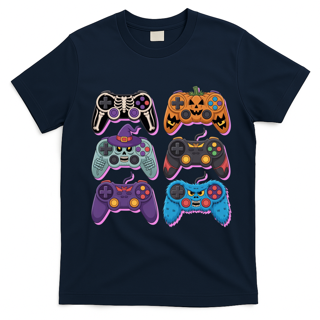 Cute Halloween Skeleton Zombie Gaming Control Gamer T-Shirt - Navy Blue