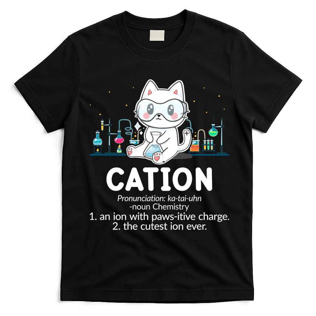 Chemistry Humor Science Teacher Cat Pun Cation Gift T-Shirt - Black