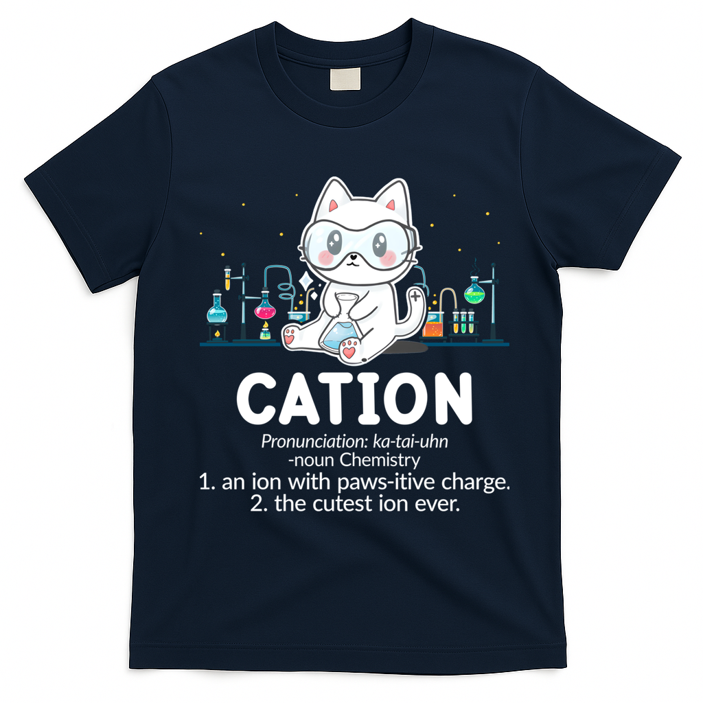 Chemistry Humor Science Teacher Cat Pun Cation Gift T-Shirt - Navy Blue