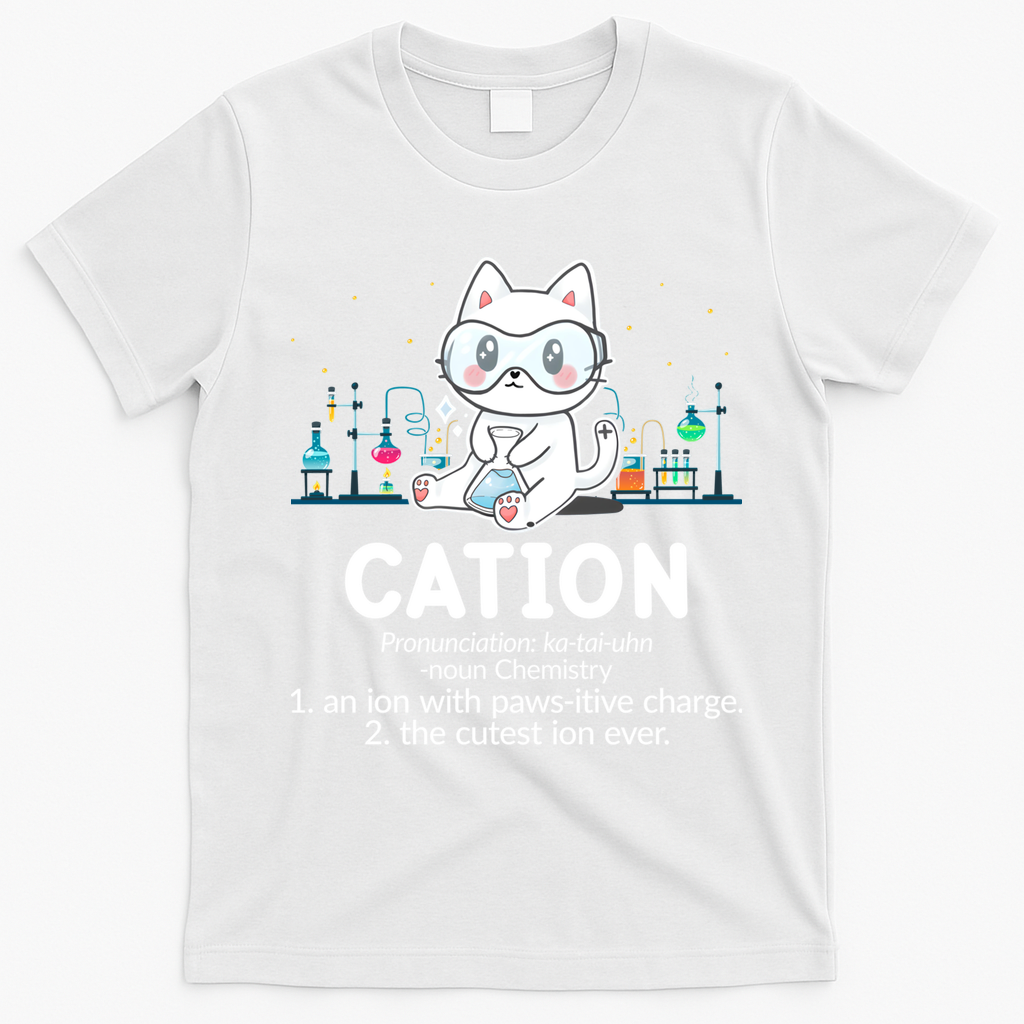 Chemistry Humor Science Teacher Cat Pun Cation Gift T-Shirt - White