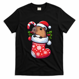 Capybara In Christmas Stocking Candy Cane Santa Hat Pajama T-Shirt - Black