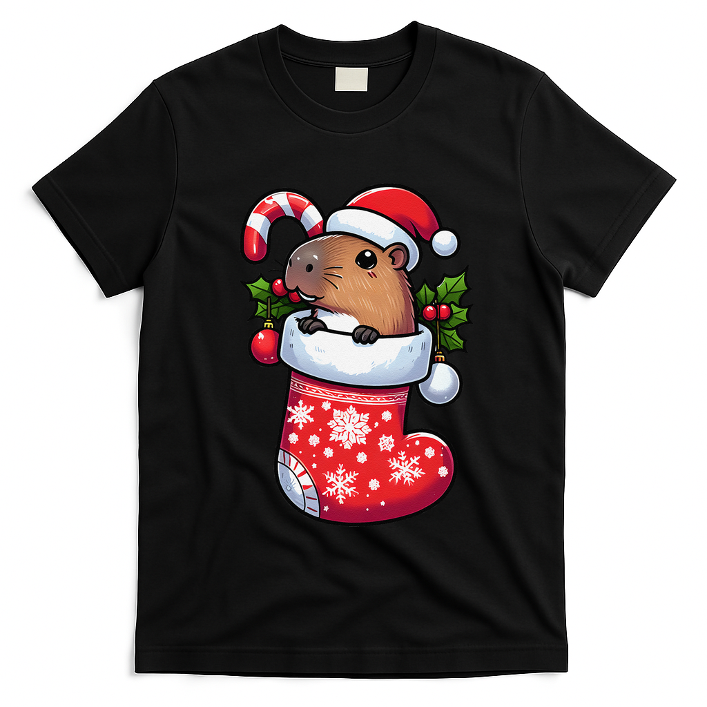 Capybara In Christmas Stocking Candy Cane Santa Hat Pajama T-Shirt - Black