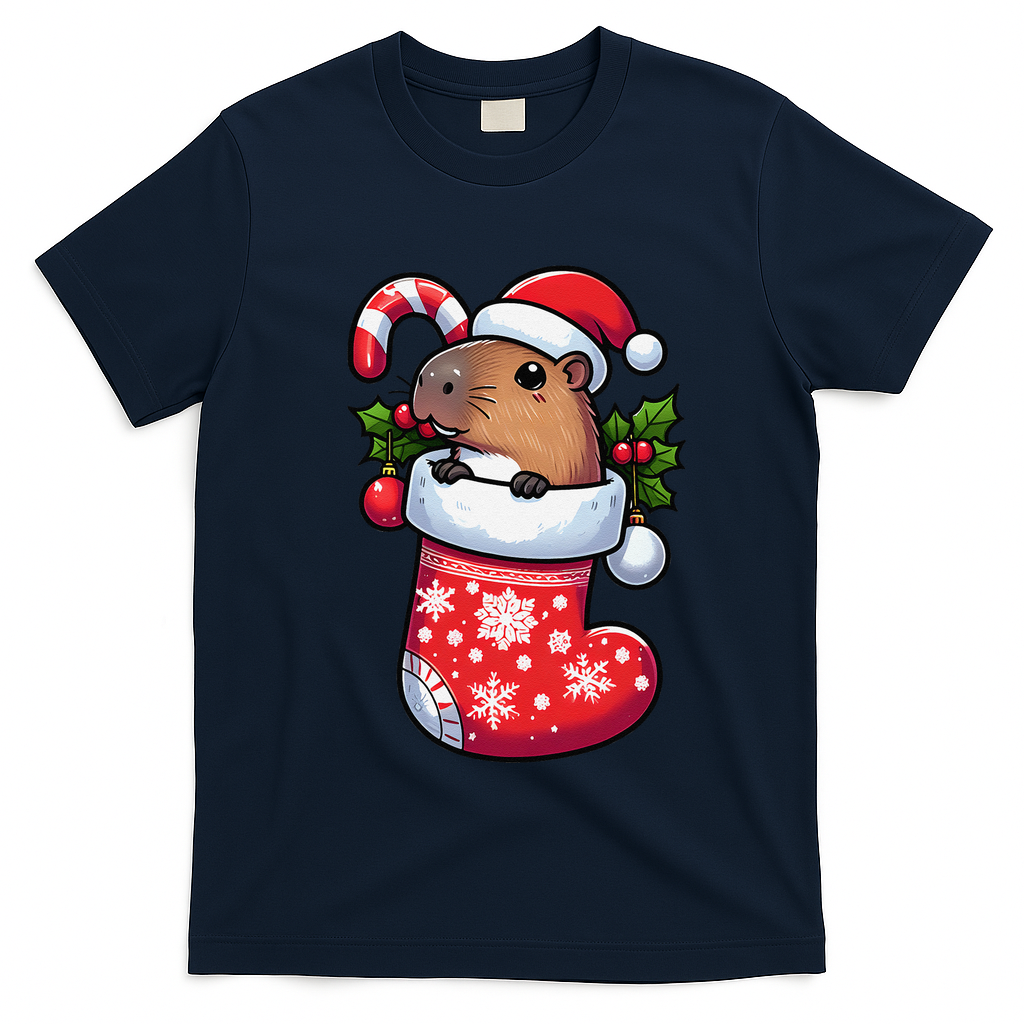 Capybara In Christmas Stocking Candy Cane Santa Hat Pajama T-Shirt - Navy Blue
