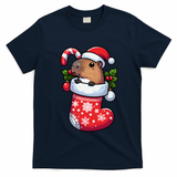 Capybara In Christmas Stocking Candy Cane Santa Hat Pajama T-Shirt - Navy Blue
