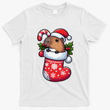 Capybara In Christmas Stocking Candy Cane Santa Hat Pajama T-Shirt - White