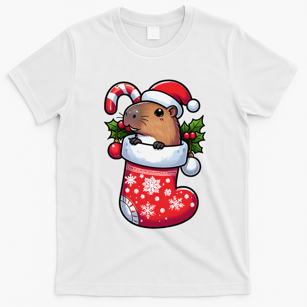 Capybara In Christmas Stocking Candy Cane Santa Hat Pajama T-Shirt - White