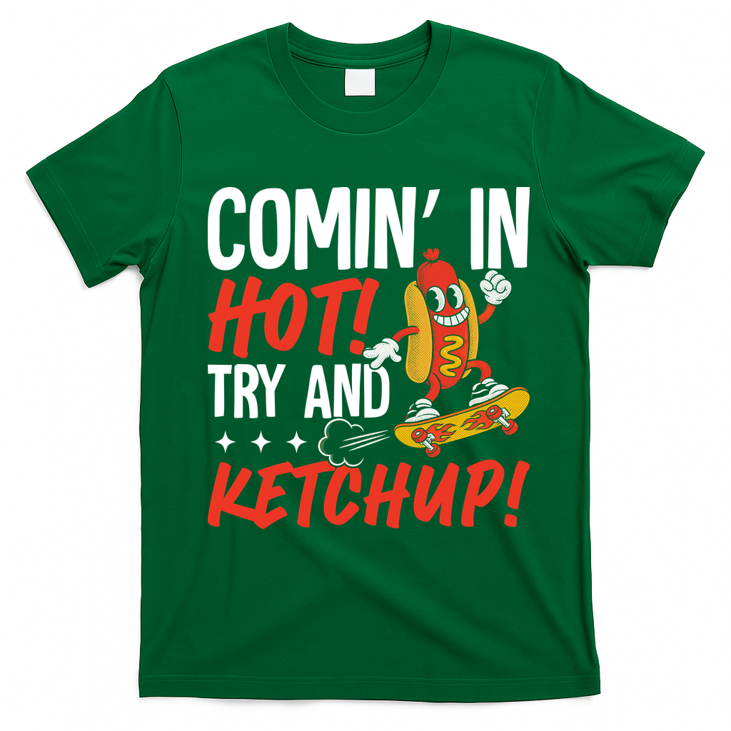 Comin' In Hot! Try And Ketchup Funny Hot Dog T-Shirt - Irish Green