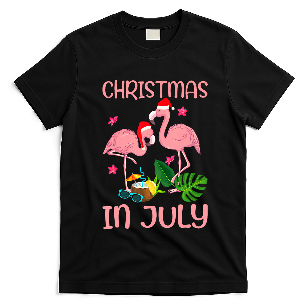 Christmas In July Flamingo Wearing Santa Hat T-Shirt - Black