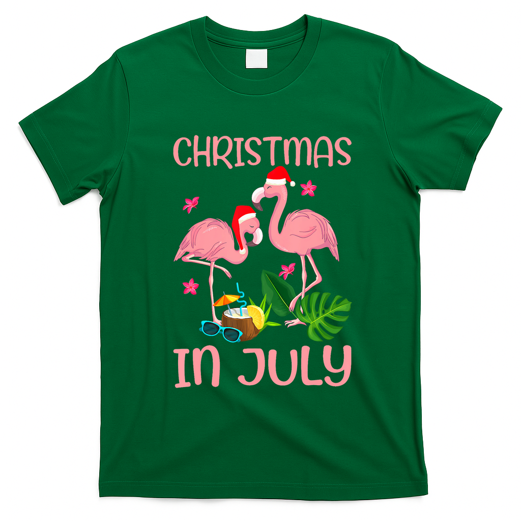 Christmas In July Flamingo Wearing Santa Hat T-Shirt - Irish Green