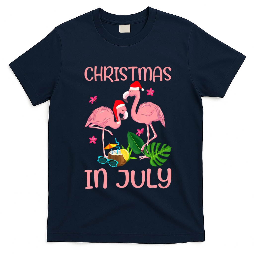 Christmas In July Flamingo Wearing Santa Hat T-Shirt - Navy Blue