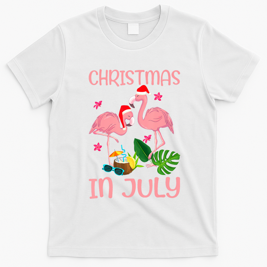 Christmas In July Flamingo Wearing Santa Hat T-Shirt - White
