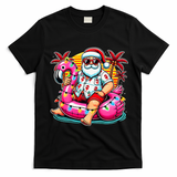 Christmas In July Santa Flamingo Float Summer Xmas T-Shirt - Black