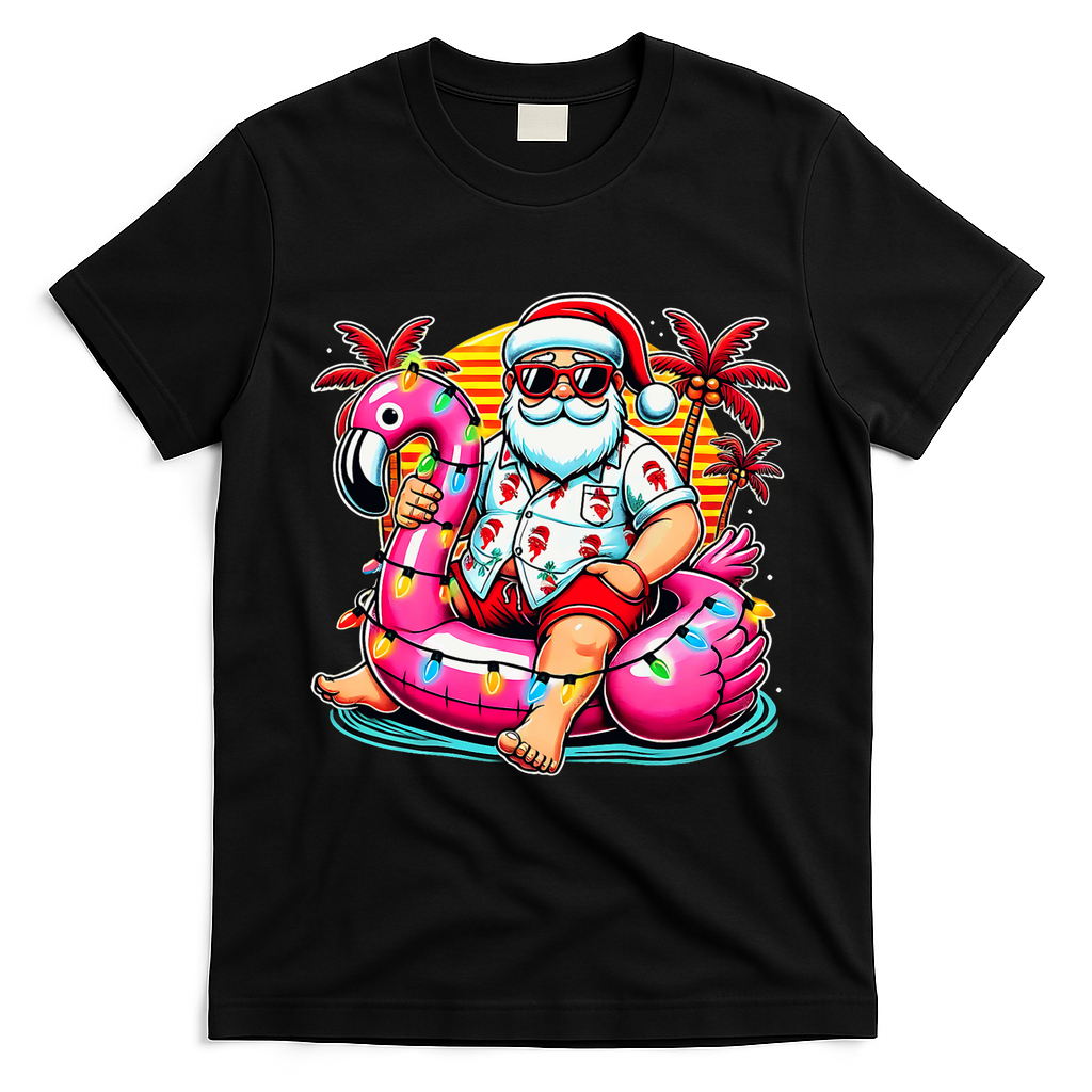 Christmas In July Santa Flamingo Float Summer Xmas T-Shirt - Black