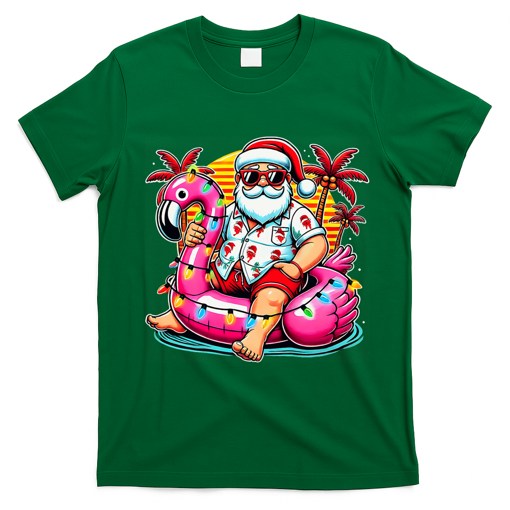 Christmas In July Santa Flamingo Float Summer Xmas T-Shirt - Irish Green