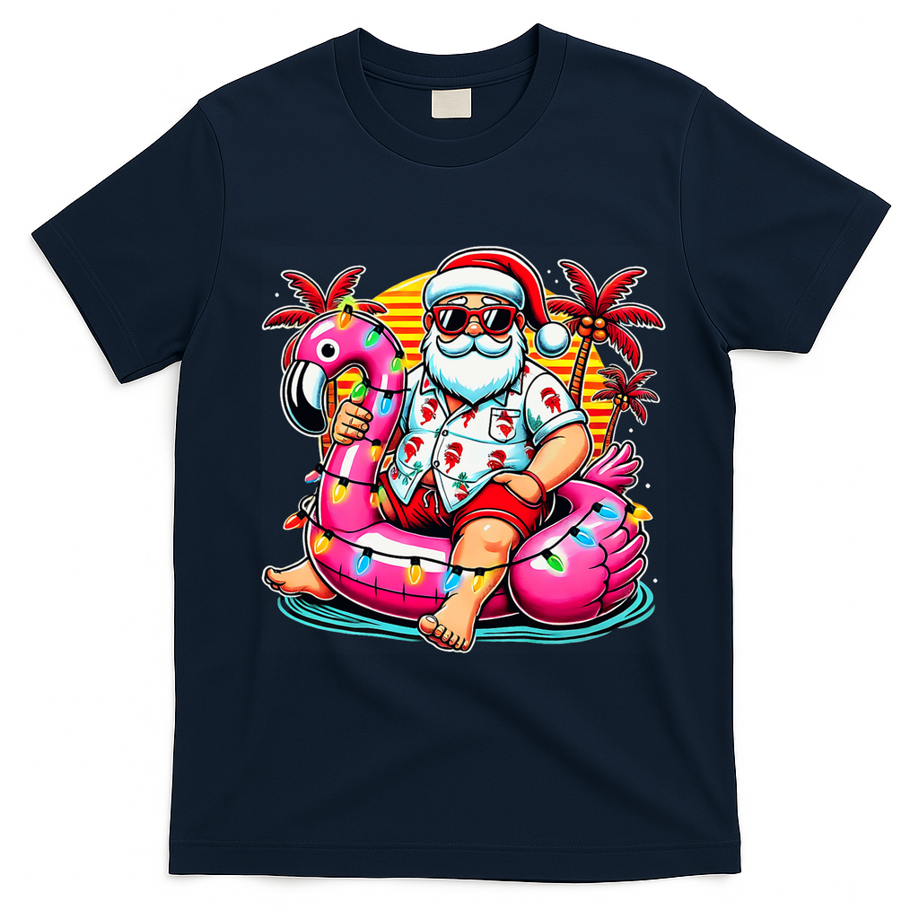 Christmas In July Santa Flamingo Float Summer Xmas T-Shirt - Navy Blue