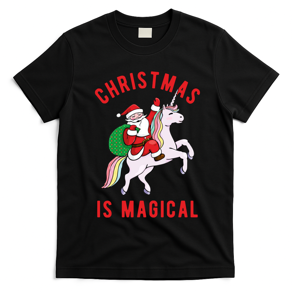 Christmas Is Magical Unicorn Santa Claus T-Shirt - Black