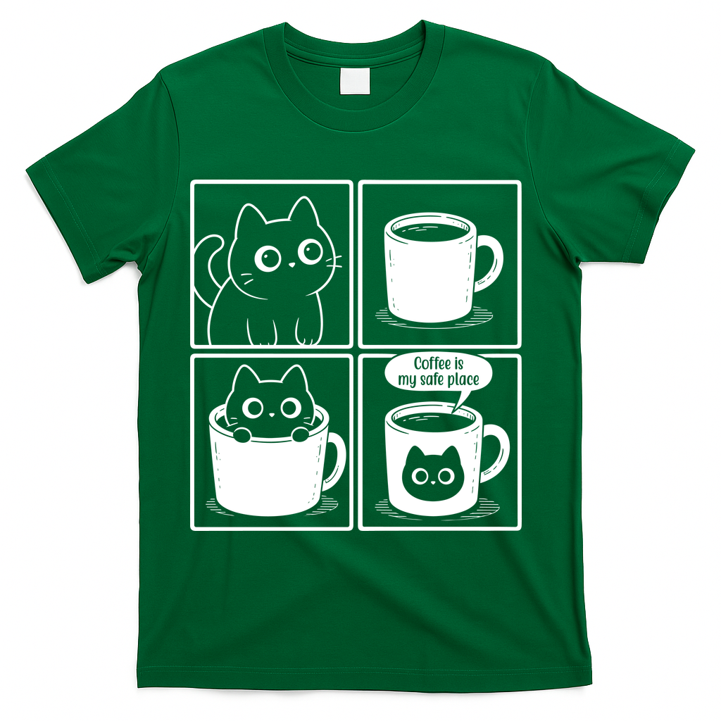 Coffee Is My Safe Place Cat Meme T-Shirt - Green