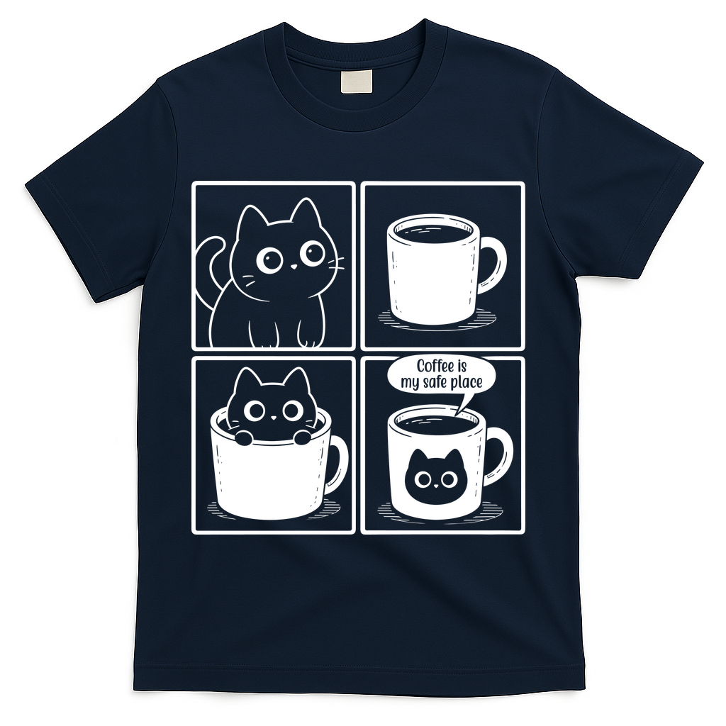 Coffee Is My Safe Place Cat Meme T-Shirt - Navy