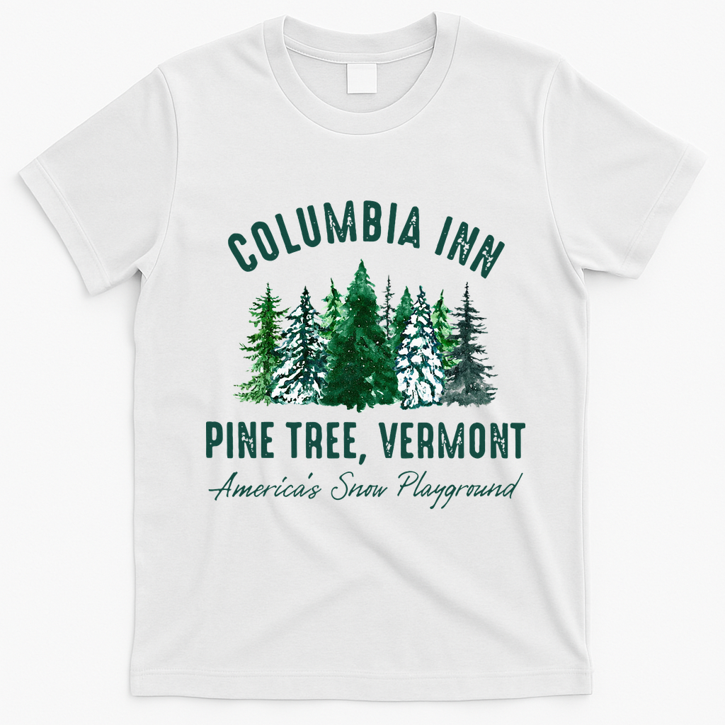 Columbia Inn Pine Tree Vermont Merry Christmas T-Shirt - White