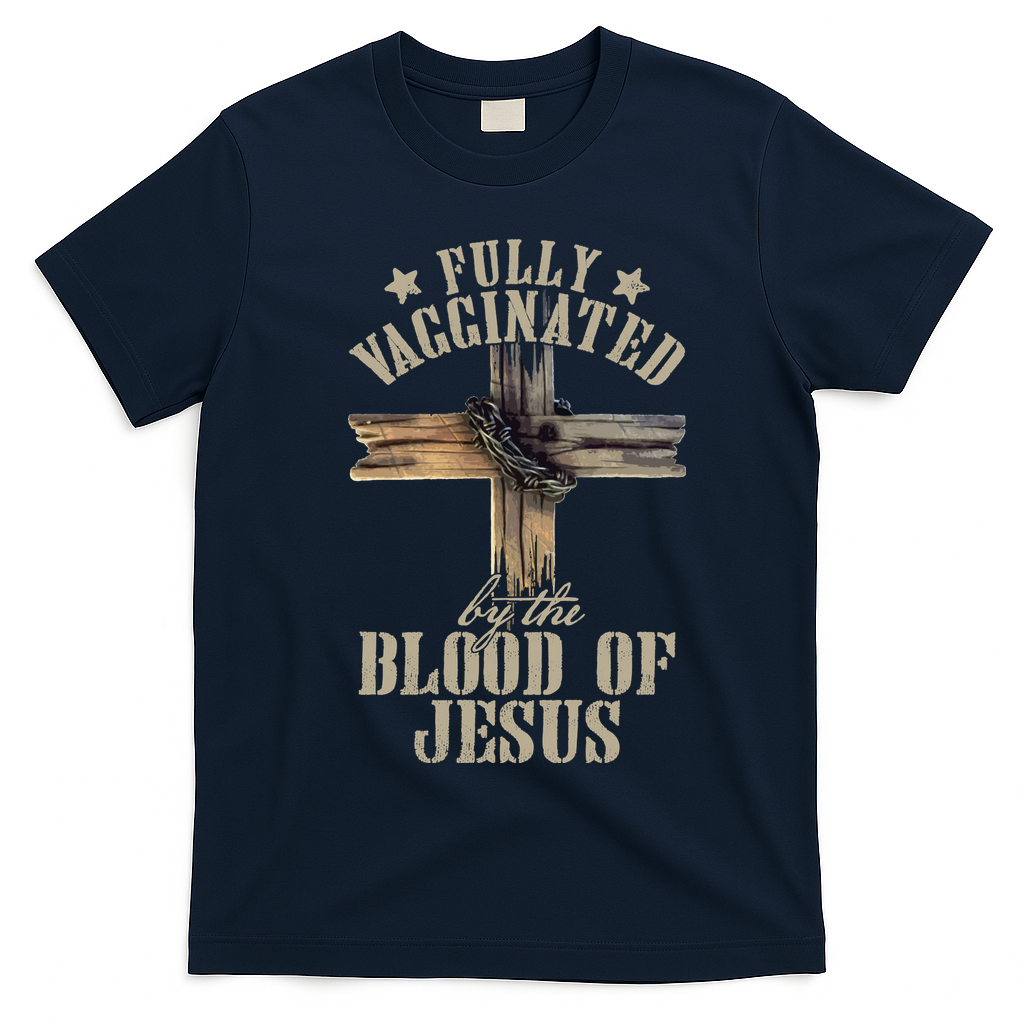 Christian Jesus Lover Fully Vaccinated By The Blood Of Jesus Long Sleeve TShirt T-Shirt - Navy Blue