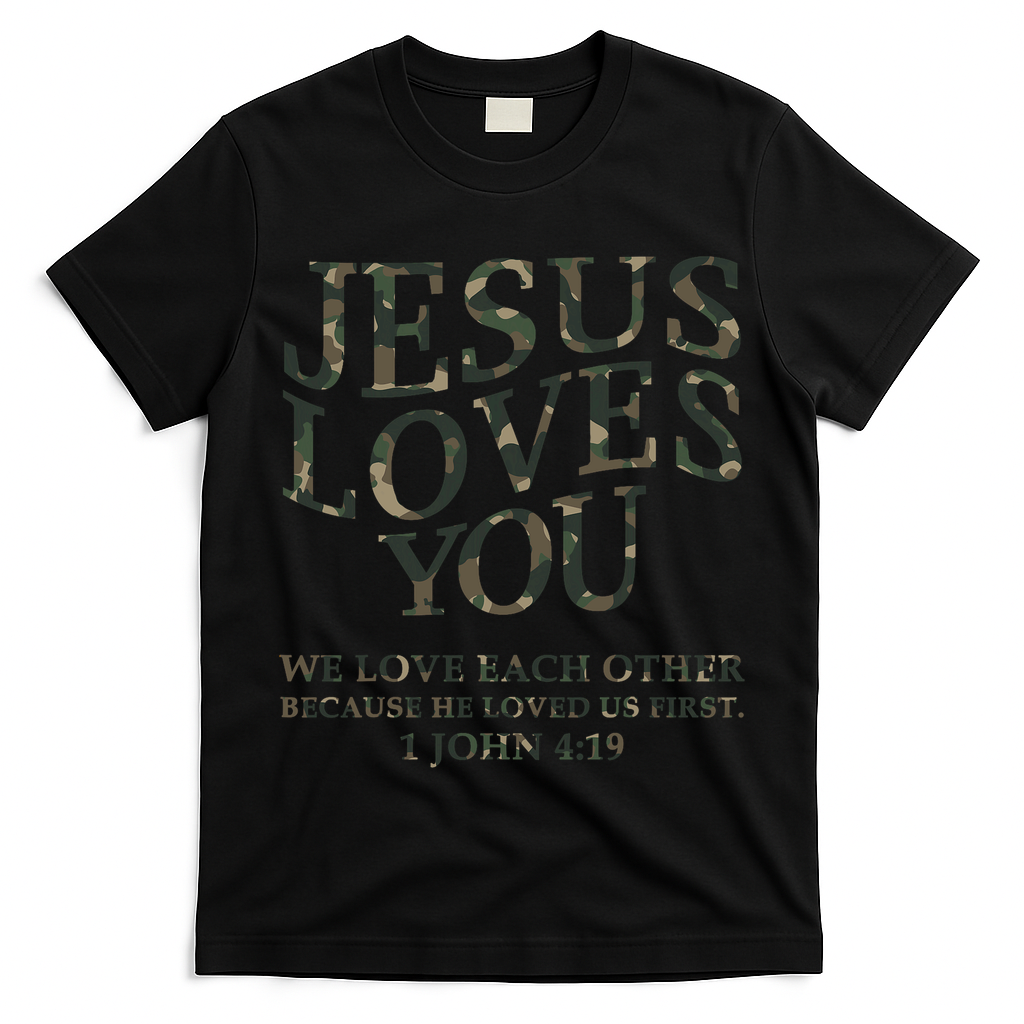 Camo Jesus Loves You White Christian God Son Brother T-Shirt