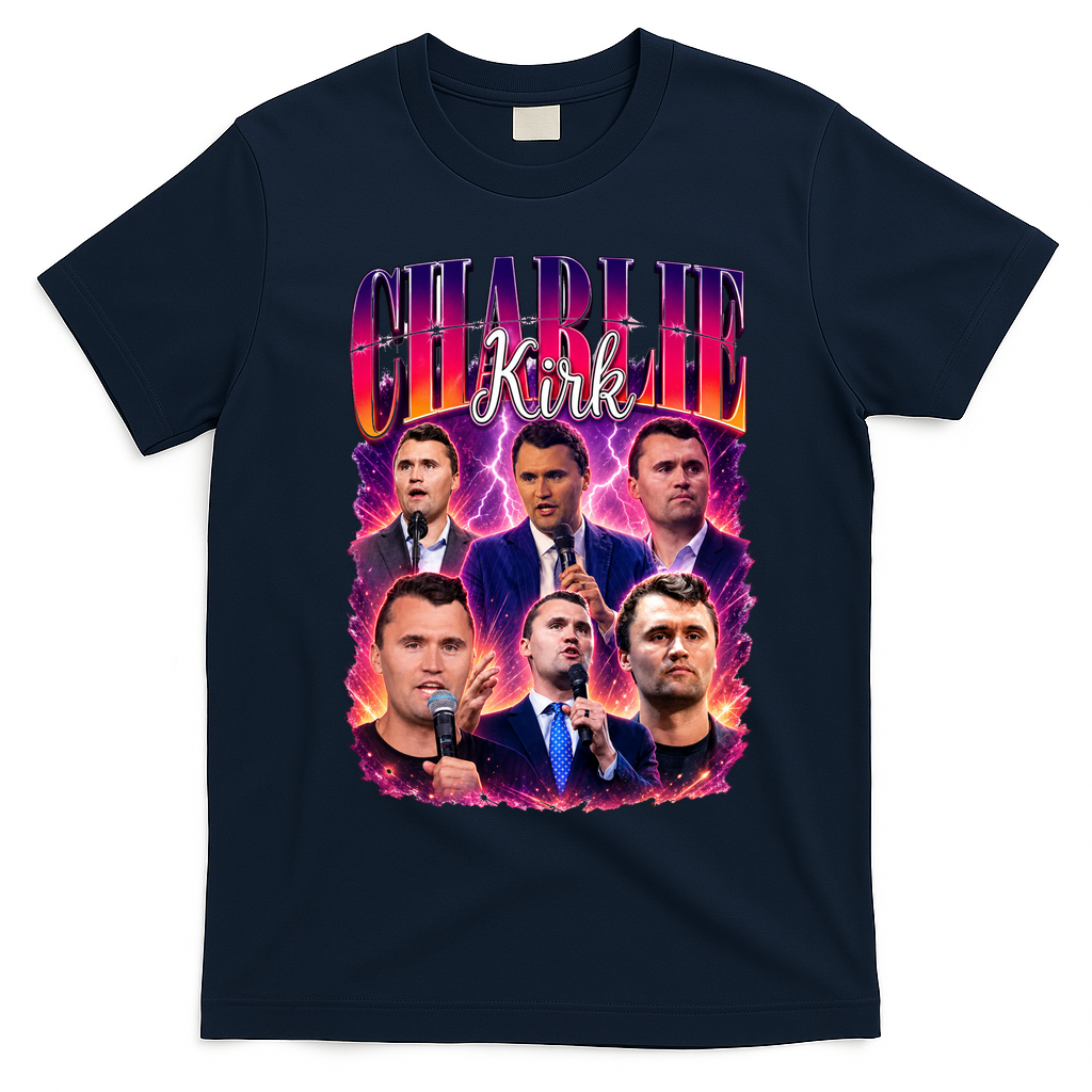 Charlie Kirk Face Justice Memorial  T-Shirt - Navy Blue