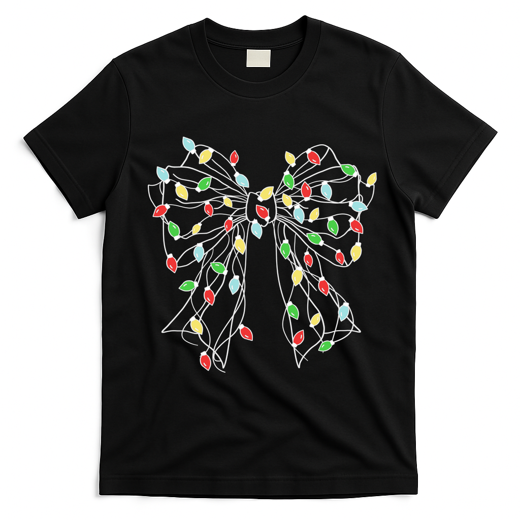 Christmas Light Coquette Bow T-Shirt - Black