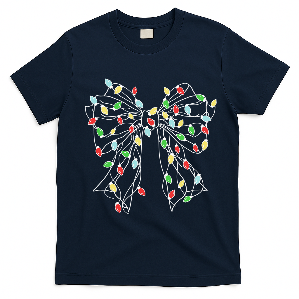 Christmas Light Coquette Bow T-Shirt - Navy Blue