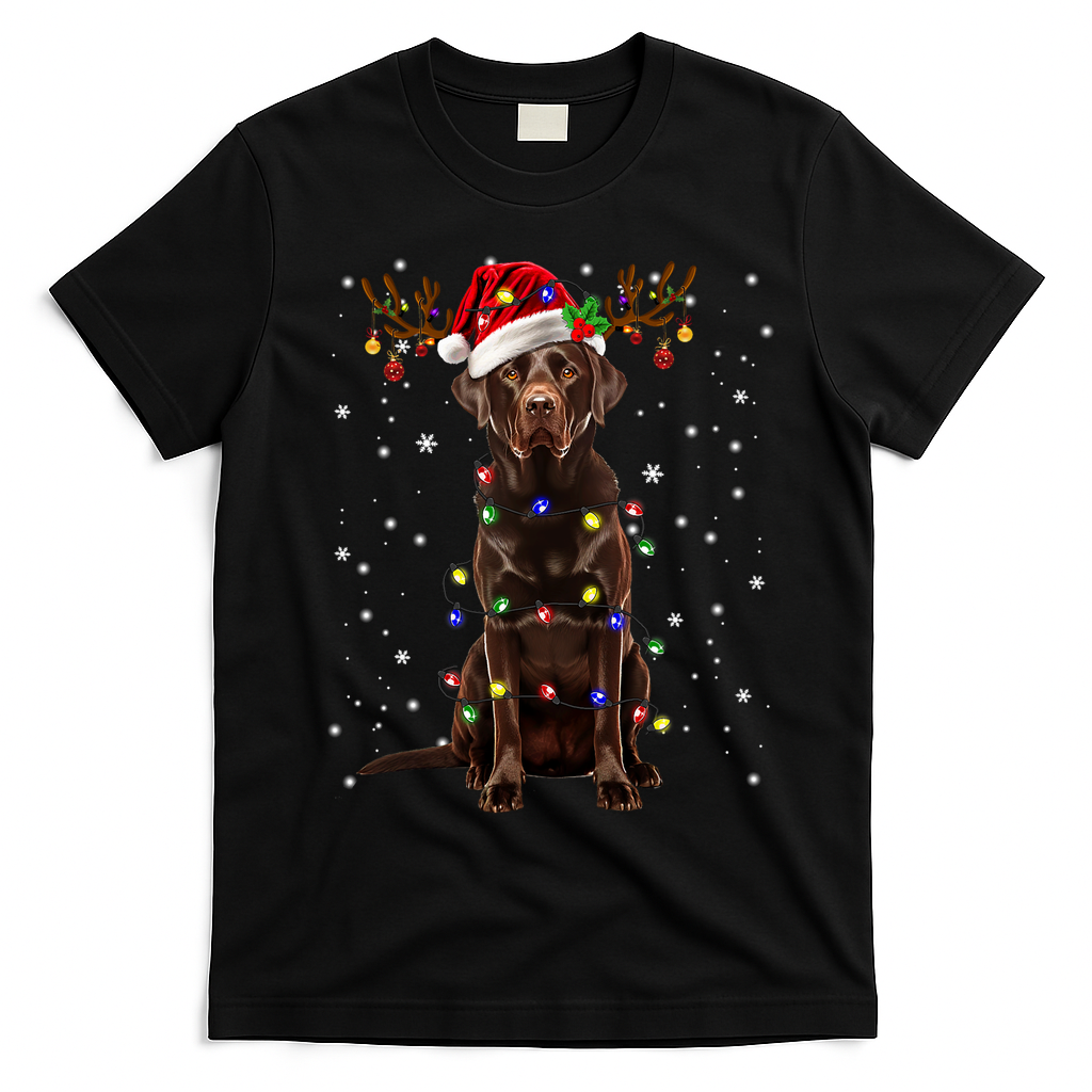Chocolate Lab Labrador Christmas Tree Light Pajama Dog Xmas T-Shirt - Black